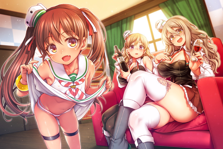 areola_slip areolae ass_visible_through_thighs black_legwear blonde_hair bookshelf bottle breasts brown_eyes brown_hair cleavage couch cup dress dress_lift drinking_glass fang flat_chest hat highres indoors italian_flag kantai_collection large_breasts libeccio_(kantai_collection) long_hair mini_hat multiple_girls nipple_slip nipples panties pola_(kantai_collection) purple_eyes skindentation striped striped_panties thighhighs twintails underwear uousa-ou white_legwear wine_bottle wine_glass zara_(kantai_collection)