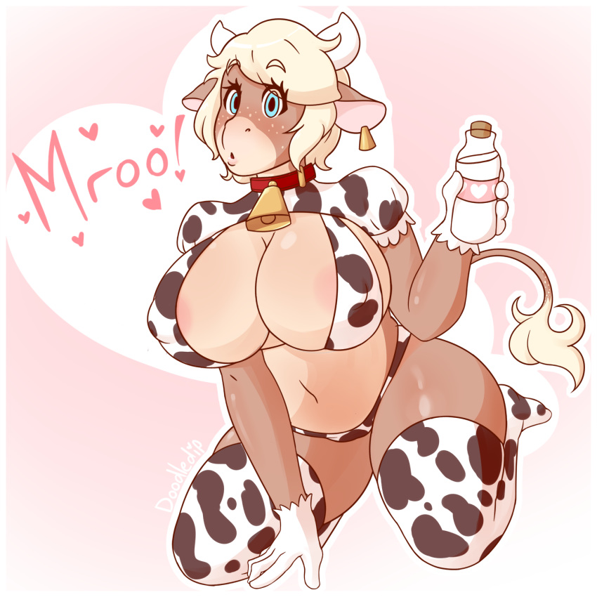 2018 anthro big_breasts blush bovine breasts cattle clothed clothing doodle_dip female fur hair huge_breasts legwear looking_at_viewer maid_uniform mammal milk momo_(doodle_dip) simple_background solo stockings text thick_thighs uniform