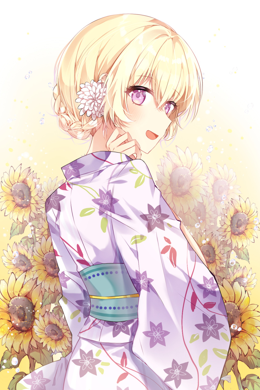 :d alternate_hairstyle bang_dream! bangs blonde_hair braid eyebrows_visible_through_hair floral_background floral_print flower french_braid hair_flower hair_ornament hair_up hand_up highres japanese_clothes kimono looking_at_viewer looking_back obi open_mouth purple_eyes sash shirasagi_chisato smile solo sunflower taya_5323203 white_flower white_kimono