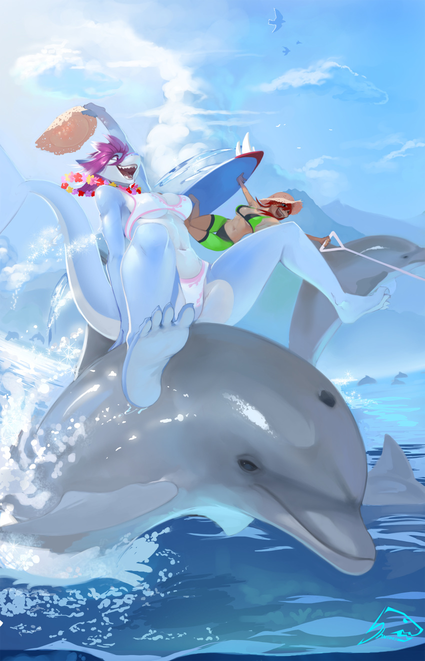 2018 anthro bikini breasts cetacean clothing day detailed_background digital_media_(artwork) dolphin female feral fish group mammal marine midriff navel open_mouth outside shark shnider sky smile swimsuit teeth tongue under_boob