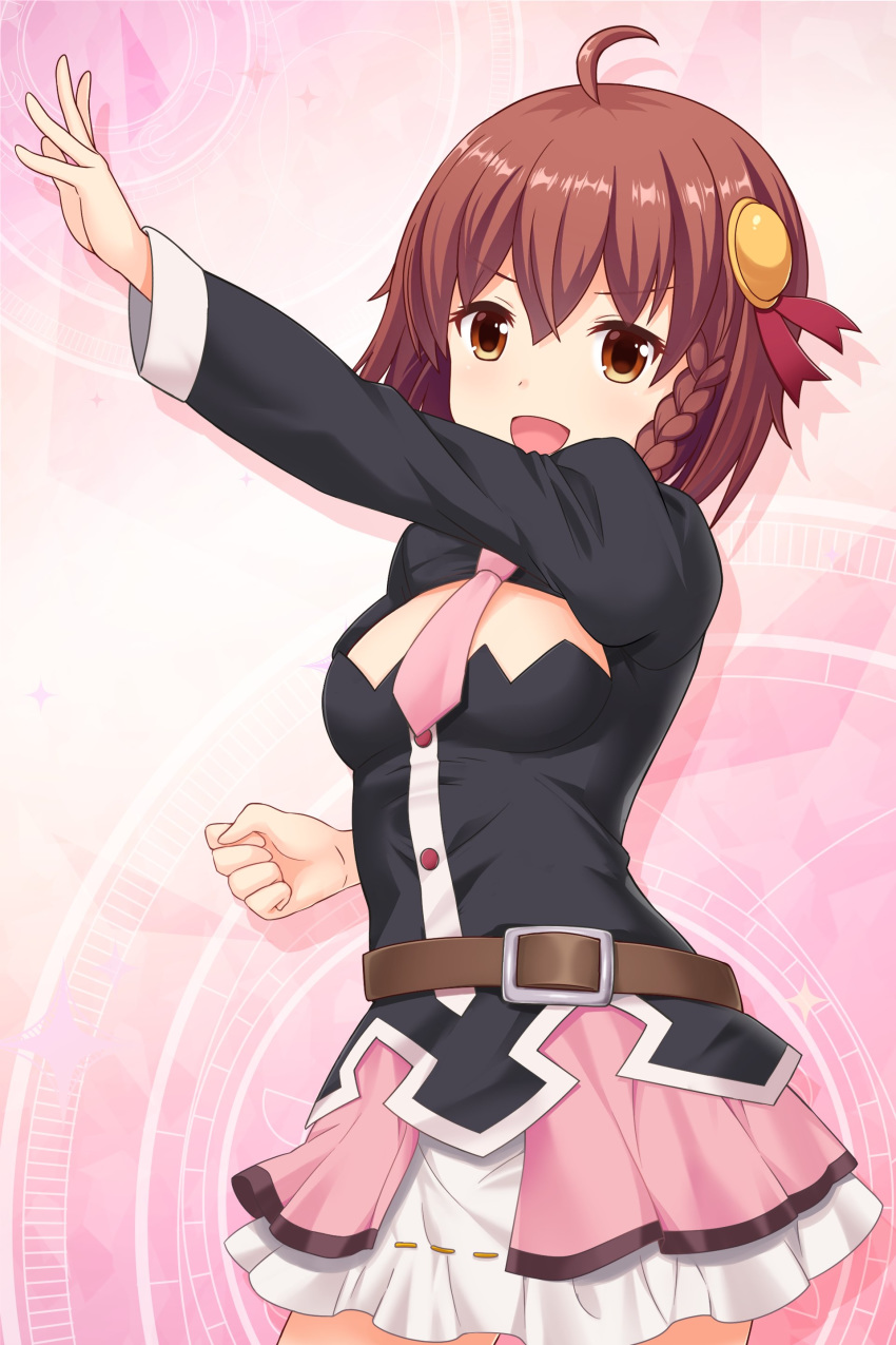 absurdres ahoge alternative_girls bangs belt black_shirt braid breasts brown_eyes brown_hair buttons cosplay cowboy_shot frilled_skirt frills hair_between_eyes hair_ornament highres kono_subarashii_sekai_ni_shukufuku_wo! long_sleeves looking_at_viewer medium_breasts official_art open_mouth pink_background pink_neckwear pink_skirt pose puffy_long_sleeves puffy_sleeves ribbon-trimmed_skirt ribbon_trim shirt short_hair simple_background single_braid skirt smile solo standing yunyun_(konosuba) yunyun_(konosuba)_(cosplay) yuuki_miyaka