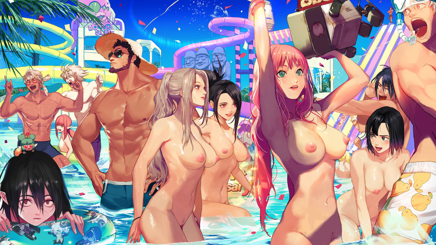 6+girls :d ^_^ abs areola_slip areolae armpits arms_behind_head back bad_id bad_pixiv_id beard black_hair blonde_hair blue_sky blue_swimsuit blush bracelet breasts brown_hair cleavage cleft_of_venus closed_eyes confetti crossed_arms day dungeon_and_fighter eyewear_on_head facial_hair flat_chest goggles green_eyes grin groin hands_on_hips happening18 hat headband highres innertube jewelry long_hair looking_at_viewer male_swimwear multiple_boys multiple_girls navel nipples nude nude_filter open_mouth outdoors palm_tree pink_hair pointy_ears ponytail pool pubic_hair red_eyes short_hair sky slide smile snorkel sunglasses swim_trunks swimsuit swimwear teeth third-party_edit tree uncensored very_long_hair wading water waterpark