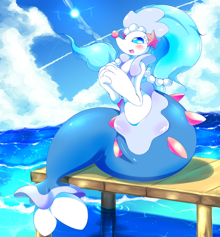 anthro blue_eyes blue_hair blush cosith digital_media_(artwork) eyelashes female hair hi_res long_hair mammal marine nintendo open_mouth pinniped pok&eacute;mon pok&eacute;mon_(species) primarina sky smile solo split-form summer video_games water 橘