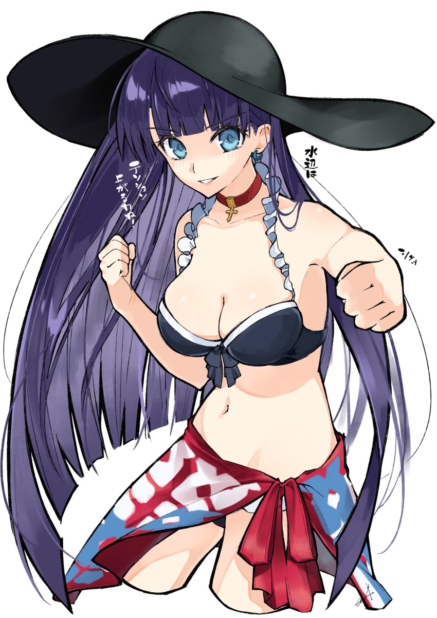 bangs black_bikini_top black_hat blue_earrings blue_eyes blunt_bangs blush breasts choker cleavage collarbone commentary cowboy_shot cross eyebrows_visible_through_hair fate/grand_order fate_(series) grin hat highres long_hair looking_at_viewer medium_breasts navel purple_hair red_choker red_sarong saint_martha saint_martha_(swimsuit_ruler)_(fate) sarong simple_background smile standing sun_hat translation_request utayoi_(umakatare) white_background
