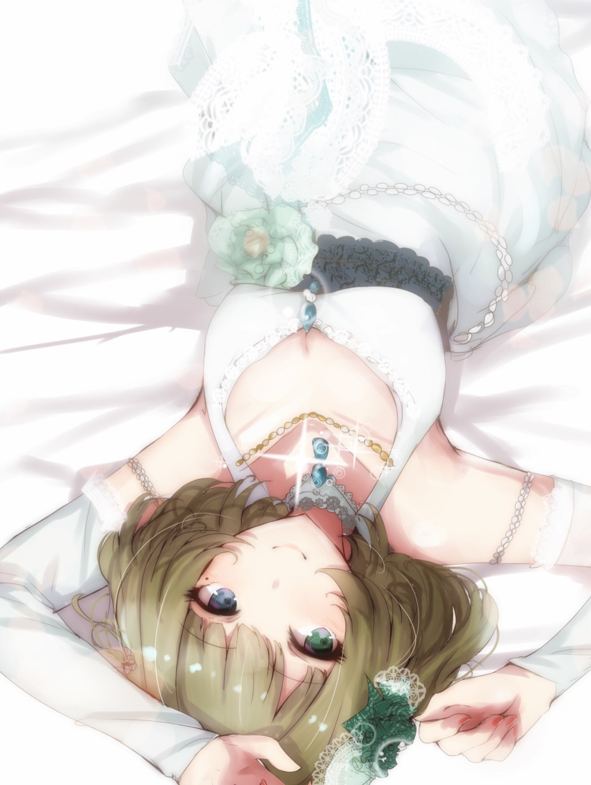 blue_eyes breasts brown_hair chain cleavage detached_sleeves dress green_eyes heterochromia highres idolmaster idolmaster_cinderella_girls jewelry lying medium_breasts mole mole_under_eye on_back pendant ryuu. sash short_hair smile takagaki_kaede white_dress