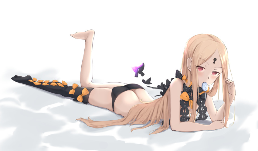 abigail_williams_(fate/grand_order) animal ass bangs bare_legs barefoot black_bow black_legwear black_panties blonde_hair bow bug butt_crack butterfly candy commentary_request fate/grand_order fate_(series) food full_body highres insect jilu keyhole lollipop long_hair looking_at_viewer lying mouth_hold on_stomach orange_bow panties parted_bangs polka_dot polka_dot_bow red_eyes revealing_clothes single_thighhigh solo swirl_lollipop thighhighs underwear very_long_hair white_background
