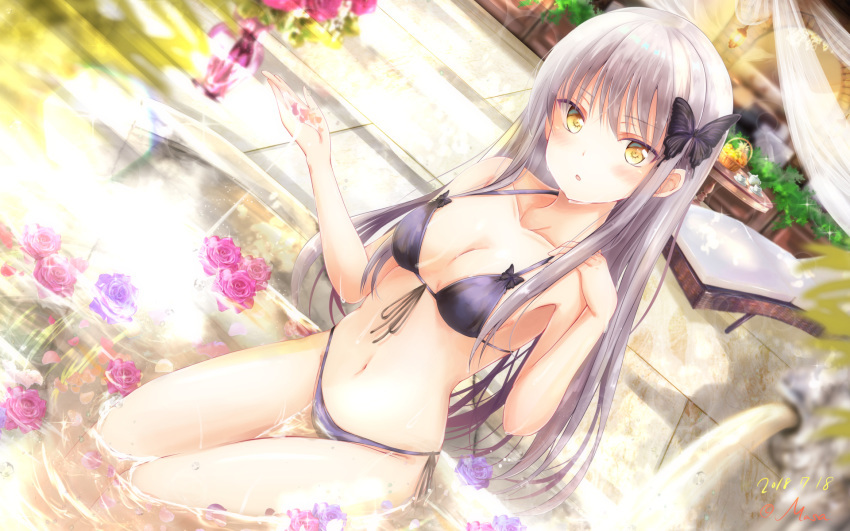 bang_dream! bangs bikini blush breasts butterfly_hair_ornament cleavage commentary_request dated dutch_angle flower grey_hair hair_ornament highres long_hair looking_at_viewer masa_(mirage77) medium_breasts minato_yukina navel parted_lips partially_submerged petals pink_flower pink_rose purple_flower purple_rose rose signature solo sparkle swimsuit wallpaper water yellow_eyes