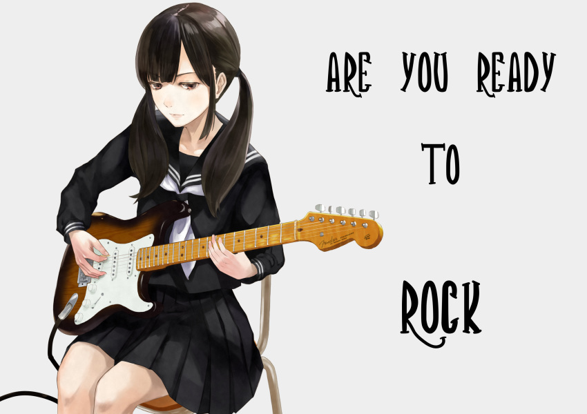 ashiya_hiro background_text black_sailor_collar black_serafuku black_shirt black_skirt brown_eyes brown_hair chair collarbone commentary_request electric_guitar english grey_background guitar highres holding holding_instrument instrument long_hair long_sleeves neckerchief on_chair original pleated_skirt plectrum sailor_collar school_uniform serafuku shirt simple_background sitting skirt solo stratocaster twintails white_neckwear