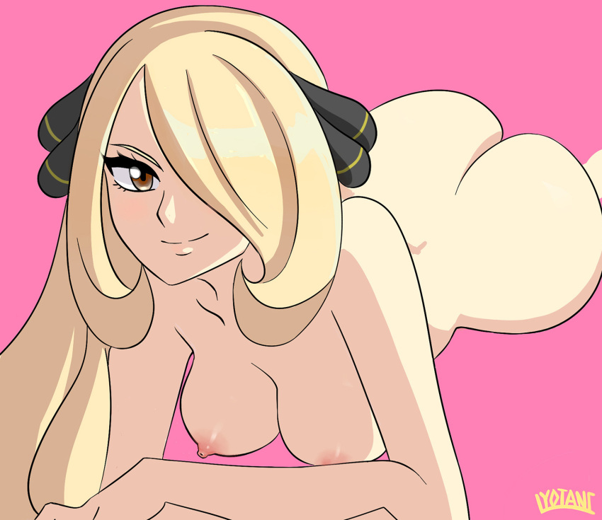1girl artist_name ass blonde_hair blush breasts brown_eyes crossed_arms female hair_ornament hair_over_one_eye highres huge_ass long_hair looking_at_viewer lying lyotanc medium_breasts nipples nude on_stomach pink_background pokemon pokemon_(game) pokemon_dppt shiny shiny_hair shirona_(pokemon) signature simple_background smile solo