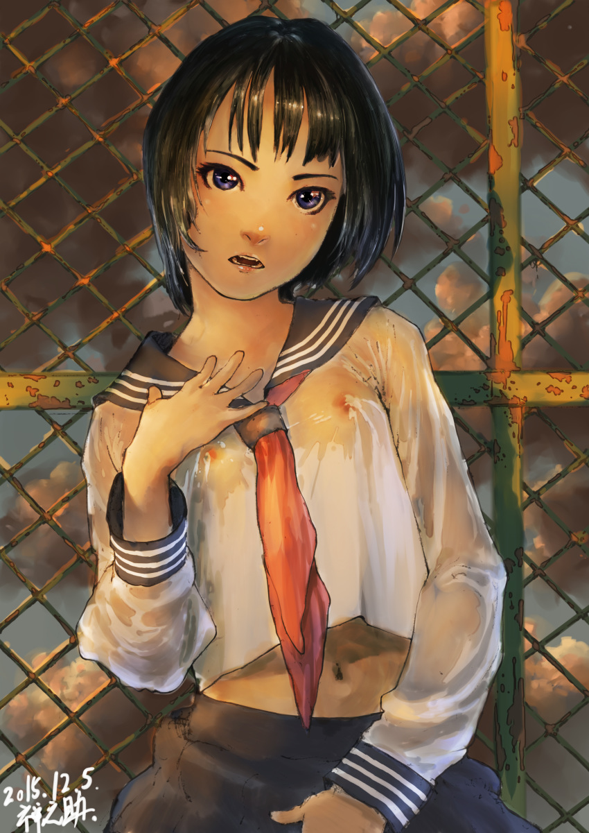 absurdres black_hair blue_eyes bob_cut breasts chain-link_fence cloud cloudy_sky commentary fence hand_on_own_chest highres midriff navel neckerchief nipples no_bra open_mouth original see-through shirt short_hair skirt sky small_breasts solo uniform wet wet_clothes wet_shirt zennosuke
