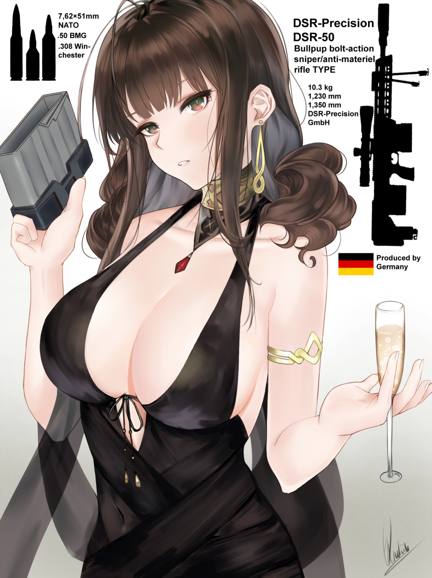 ahoge alcohol alternate_costume armlet bangs bare_shoulders black_dress blunt_bangs blush breasts brown_hair champagne_flute choker cleavage collarbone commentary cup cupping_glass dress drinking_glass dsr-50_(girls_frontline) dsr-50_(weapon) earrings english english_commentary flower german_flag germany girls_frontline gun head_tilt highres holding holding_cup holding_magazine_(weapon) information_sheet jewelry large_breasts long_hair looking_at_viewer magazine_(weapon) parted_lips petals piukute062 red_eyes ruby_(stone) shawl sidelocks signature skindentation smile solo upper_body weapon