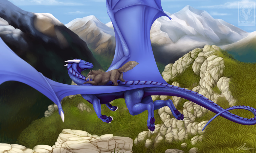 2018 canine day detailed_background digital_media_(artwork) dragon duo feral flying grass mammal membranous_wings minerea outside pinkdragonlove rock scalie sky smile western_dragon wings wolf