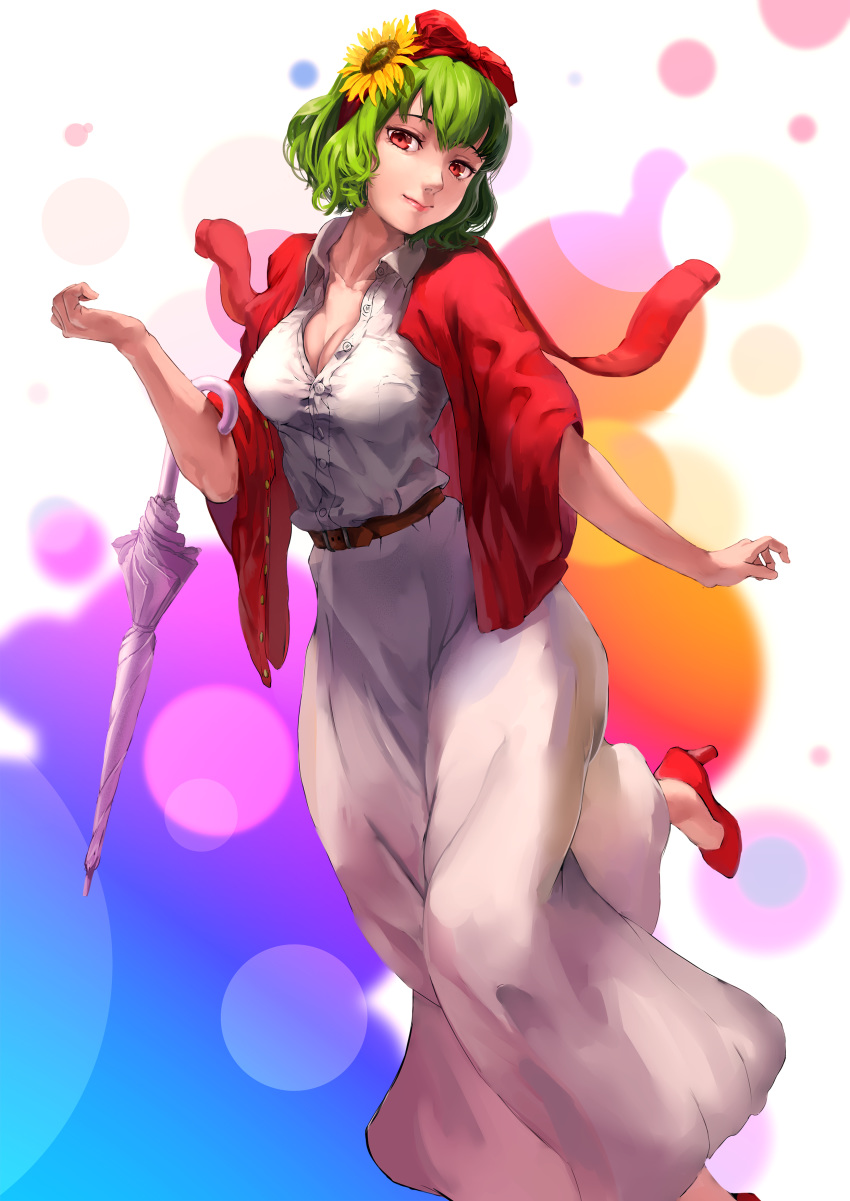 :} absurdres belt bow breasts cleavage collarbone commentary_request flower green_eyes hair_bow hair_flower hair_ornament high_heels highres hips kazami_yuuka light_smile looking_at_viewer medium_breasts red_bow red_eyes short_hair solo sunflower_hair_ornament thighs touhou umbrella yasaidon