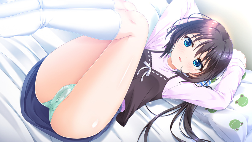 ass bed_sheet black_hair blue_eyes blush dutch_angle hair_ornament k.y_ko kneehighs long_hair long_sleeves looking_at_viewer lying official_art on_back on_bed onami_kohaku onii-chan_asa_made_zutto_gyu_tte_shite! open_mouth solo white_legwear