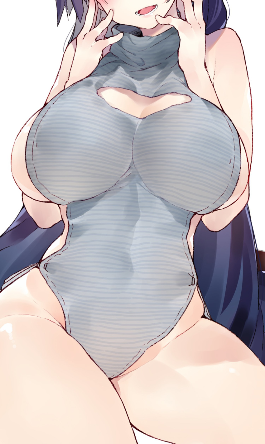 absurdres alternate_costume bare_shoulders blush breasts cleavage_cutout commentary_request covered_navel curvy fate/grand_order fate_(series) hands_on_own_cheeks hands_on_own_face head_out_of_frame highres huge_breasts kou_mashiro leotard long_hair minamoto_no_raikou_(fate/grand_order) open_mouth out_of_frame purple_hair sitting striped_leotard thick_thighs thighs very_long_hair