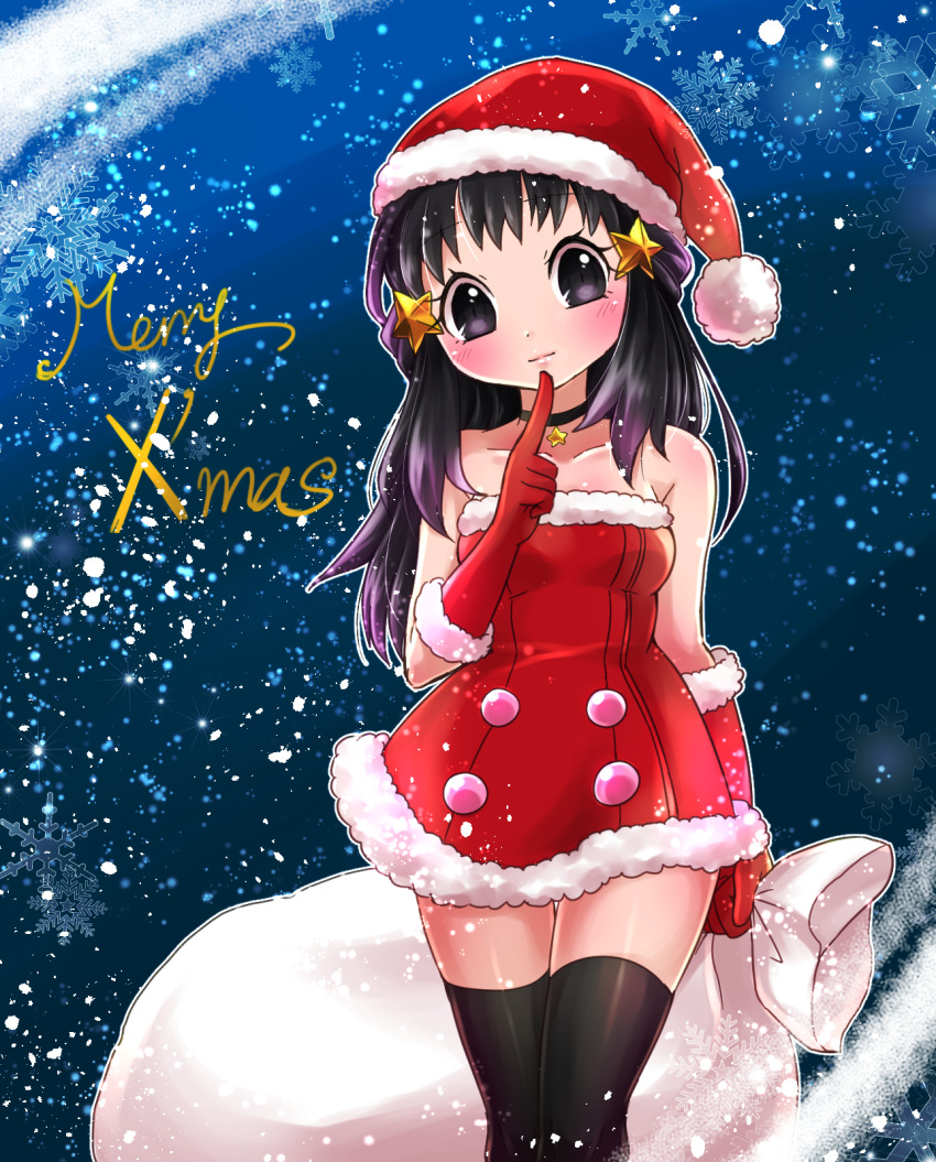 1girl alternate_costume bag bare_shoulders black_choker black_eyes black_hair black_legwear blue_background blush breasts choker christmas collarbone dress english_text eyebrows_visible_through_hair female fur_trim gloves hair_ornament hairclip hand_up hat highres hikari_(pokemon) holding lips long_hair looking_at_viewer matching_hair/eyes merry_christmas pokemon pokemon_(game) pokemon_dppt red_dress red_gloves red_hat santa_costume santa_hat sawarabi_(sawarabi725) shiny shiny_hair shiny_skin short_dress small_breasts snowflake snowing solo standing star star_hair_ornament strapless strapless_dress thighhighs zettai_ryouiki