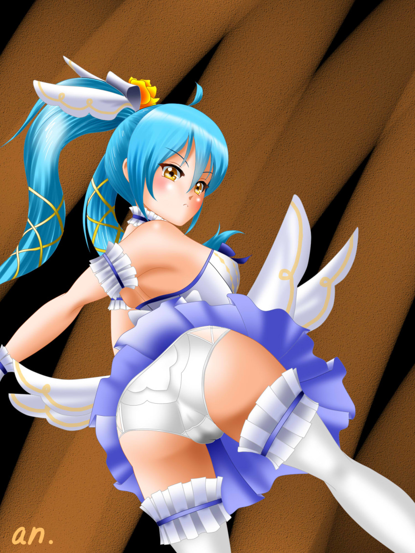 1girl ahoge alternate_costume andrew_sutoga ass bare_shoulders blue_hair blush breasts cameltoe dress elbow_gloves expressionless gloves hair_ornament huge_ass king's_raid long_hair looking_at_viewer orange_eyes panties shiny shiny_hair skirt solo sonia_(king's_raid) thighhighs twintails underwear upskirt wedding_dress