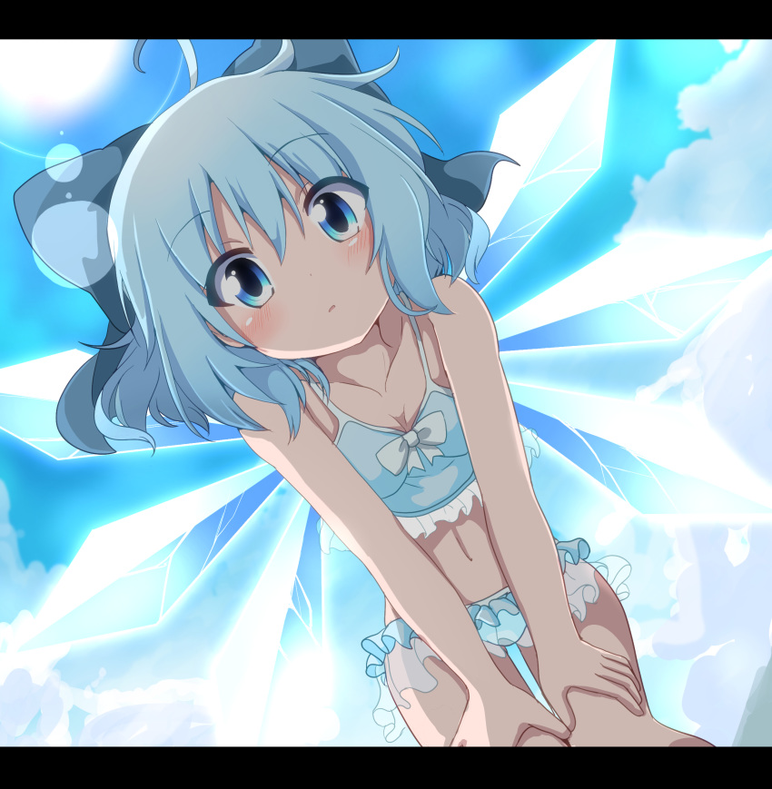 ahoge bikini blue_bikini blue_bow blue_eyes blue_hair blue_sky blush bow cirno cloud collarbone commentary_request day do_(4-rt) eyebrows_visible_through_hair eyes_visible_through_hair from_below hair_between_eyes hair_bow hands_on_own_knees highres ice ice_wings leaning_forward lens_flare letterboxed looking_at_viewer outdoors short_hair sky solo sun swimsuit touhou wings