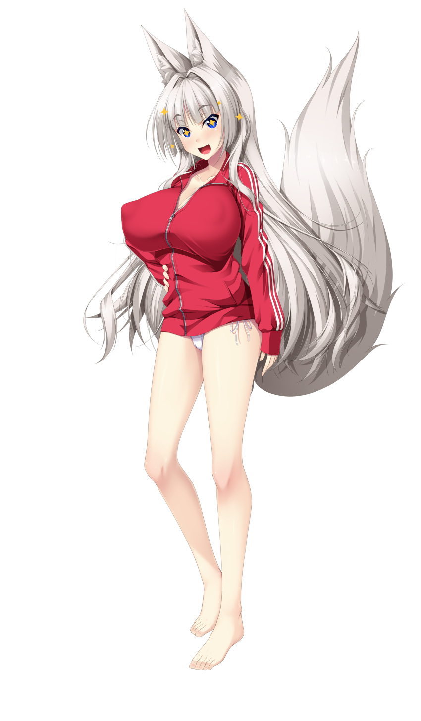 absurdres animal_ear_fluff animal_ears barefoot blue_eyes breasts cleavage covered_nipples double_vertical_stripe eyebrows_visible_through_hair fang fox_ears fox_girl fox_tail full_body hair_intakes hand_on_hip highres huge_breasts iegami_nyoubou_~zannen_bijin_na_byakko_to_dousei_hajimemashita.~ jacket long_hair long_sleeves no_pants official_art open_mouth panties partially_unzipped side-tie_panties solo sparkle standing tail transparent_background ukano_(iegami_nyoubou) underwear white_hair white_panties yu-ta