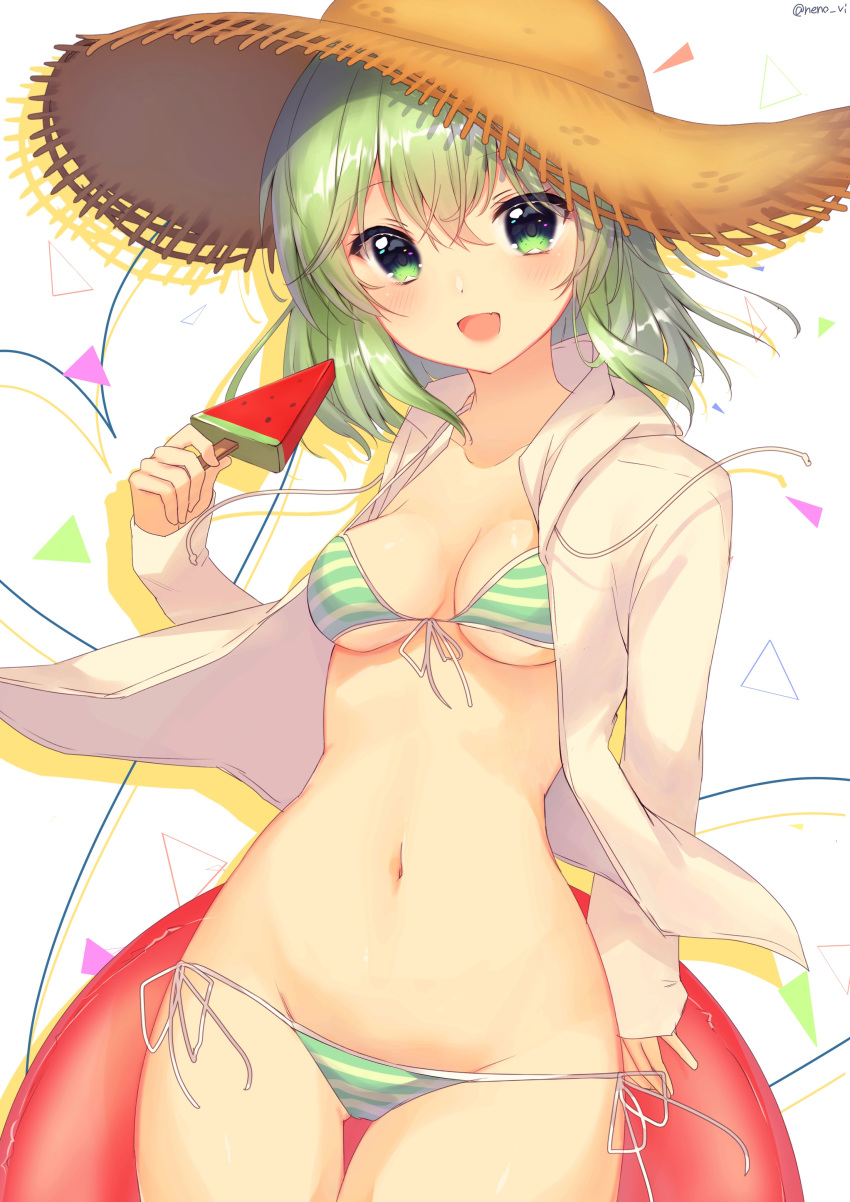 :d absurdres ass_visible_through_thighs bangs bikini blush breasts brown_hat collarbone commentary_request drawstring dutch_angle eyebrows_visible_through_hair fang food front-tie_bikini front-tie_top green_eyes green_hair groin hair_between_eyes hand_up hat head_tilt highres holding holding_food hood hood_down hooded_jacket innertube jacket komeiji_koishi long_hair long_sleeves looking_at_viewer medium_breasts navel nenobi_(nenorium) open_clothes open_jacket open_mouth popsicle red_innertube side-tie_bikini sleeves_past_wrists smile solo straw_hat striped striped_bikini swimsuit thigh_gap touhou twitter_username watermelon_bar white_background white_jacket