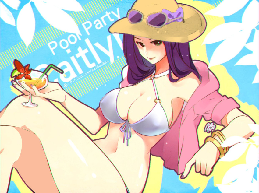 aa2233a alternate_costume alternate_hair_color artist_name bangle bikini bracelet breasts brown_eyes caitlyn_(league_of_legends) character_name cleavage cocktail_glass covered_nipples crossed_legs cup drinking_glass drinking_straw english eyewear_on_headwear hat jewelry knees_up large_breasts league_of_legends lime_slice long_hair looking_at_viewer medium_hair nail_polish navel pool_party_caitlyn purple_hair purple_nails sitting solo sun_hat swimsuit watermark web_address