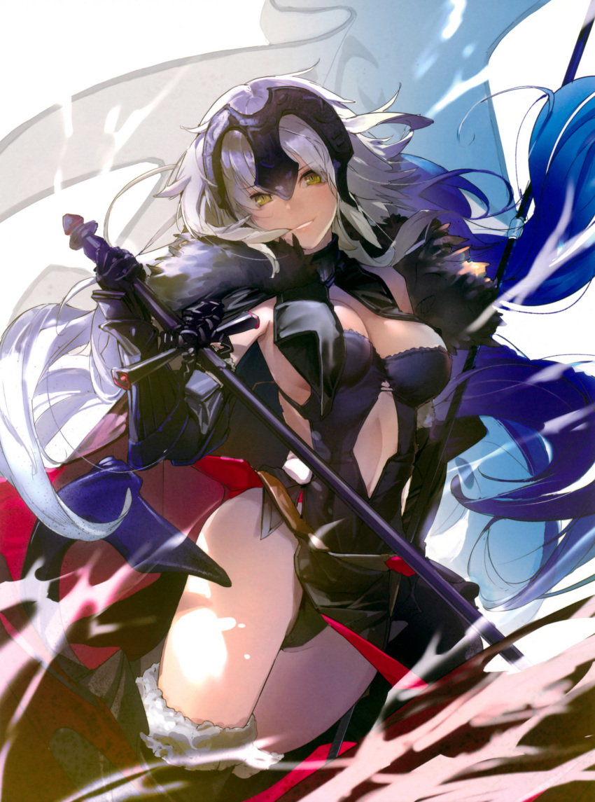 absurdres breasts cape center_opening cleavage cropped elbow_gloves fate/grand_order fate_(series) flag fur_trim gauntlets gloves grin head_tilt headpiece highleg highleg_leotard highres jeanne_d'arc_(alter)_(fate) jeanne_d'arc_(fate)_(all) large_breasts leotard long_hair looking_at_viewer medium_hair scan silver_hair smile solo souji_hougu sword thighhighs very_long_hair weapon wind wind_lift yellow_eyes