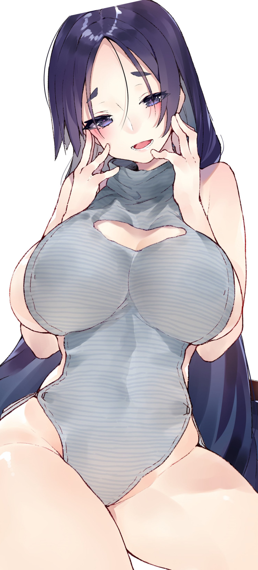 1girl absurdres alternate_costume bangs bare_shoulders blush breasts cleavage_cutout commentary_request covered_navel fate/grand_order fate_(series) hands_on_own_cheeks hands_on_own_face highres huge_breasts kou_mashiro leotard long_hair minamoto_no_raikou_(fate/grand_order) open_mouth parted_bangs purple_eyes purple_hair stitched striped_leotard third-party_edit very_long_hair