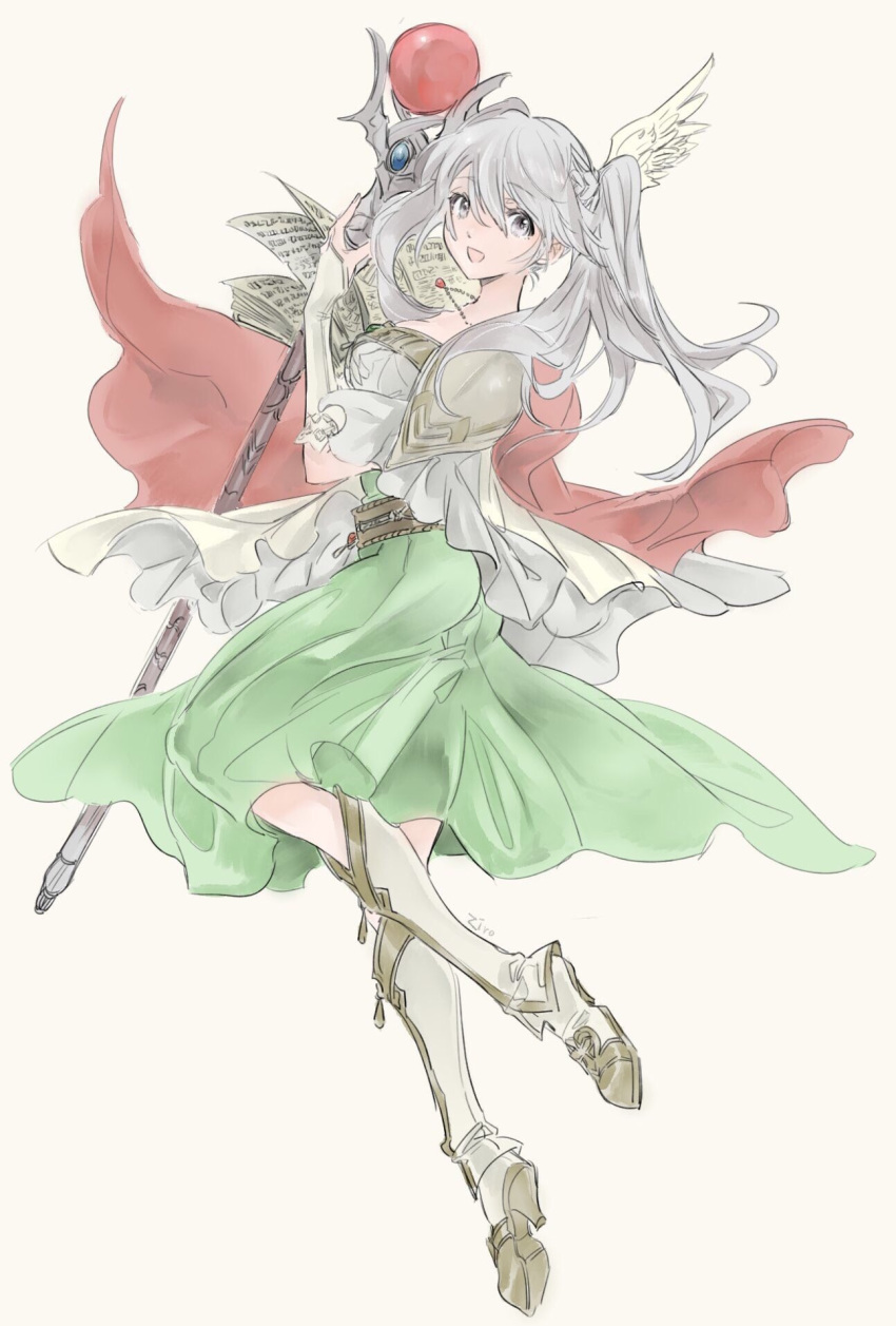 book boots capelet commentary_request cosplay dress female_my_unit_(fire_emblem:_kakusei) fire_emblem fire_emblem:_kakusei fire_emblem:_thracia_776 fire_emblem_heroes green_dress hair_ornament high_heel_boots high_heels highres holding holding_book holding_staff jewelry long_hair my_unit_(fire_emblem:_kakusei) nanna_(fire_emblem) nanna_(fire_emblem)_(cosplay) necklace open_book open_mouth short_sleeves shoulder_armor simple_background solo staff twintails white_background white_hair ziro