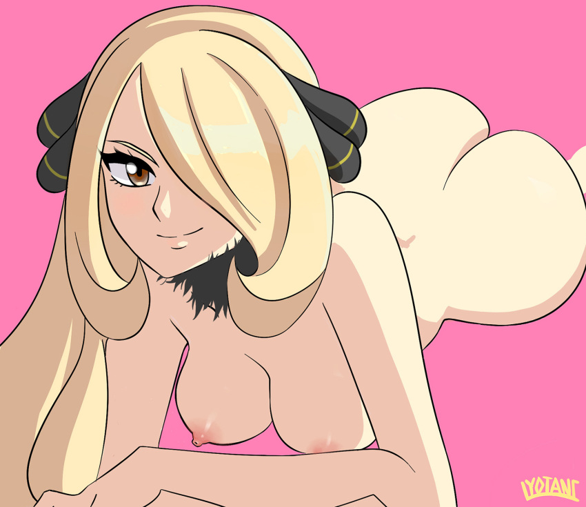 1girl artist_name ass blonde_hair blush breasts brown_eyes crossed_arms female hair_ornament hair_over_one_eye highres long_hair looking_at_viewer lying lyotanc medium_breasts nipples nude on_stomach pink_background pokemon pokemon_(game) pokemon_dppt shiny shiny_hair shirona_(pokemon) signature simple_background smile solo