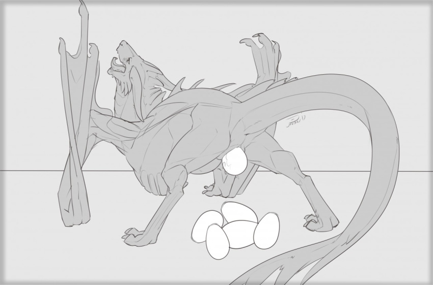 animal_genitalia cloaca dragon egg female feral greyscale horn looking_pleasured membranous_wings monochrome oviposition post_transformation proxer saliva scalie solo spikes tongue tongue_out transformation winged_arms wings wyvern