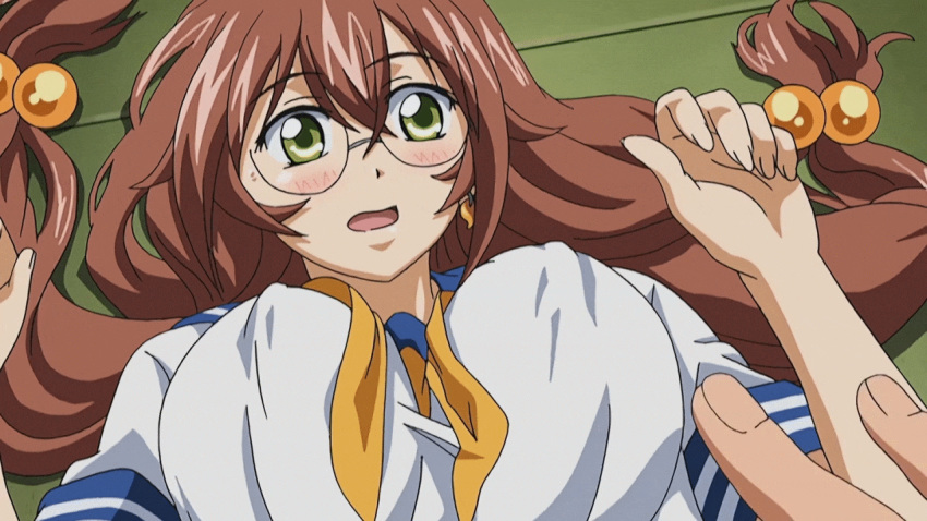 00s 1girl animated animated_gif assisted_exposure blush bouncing_breasts bra breasts brown_hair cleavage glasses gloves green_eyes ikkitousen large_breasts lingerie long_hair pink_bra ryuubi_gentoku school_uniform shirt_lift underwear undressing upper_body you_gonna_get_raped