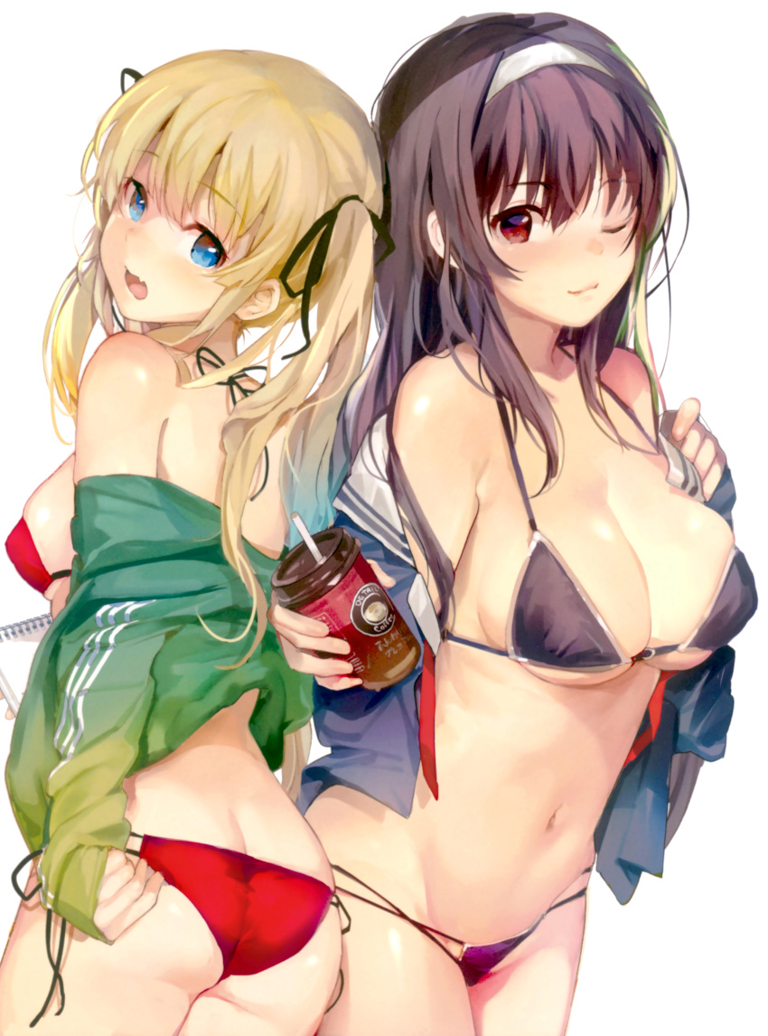 ;3 absurdres adjusting_clothes adjusting_swimsuit ass bikini black_bikini black_hair blonde_hair blue_eyes breasts cleavage coffee_cup cowboy_shot cropped cup disposable_cup eyebrows_visible_through_hair fang hair_ribbon hairband highres jacket kasumigaoka_utaha large_breasts long_hair multi-strapped_bikini multiple_girls navel off_shoulder one_eye_closed open_clothes open_mouth open_shirt page_number purple_hair red_bikini red_eyes ribbon saenai_heroine_no_sodatekata sawamura_spencer_eriri scan shirt side-tie_bikini sideboob simple_background sketchbook sleeves_past_wrists small_breasts smile souji_hougu standing swimsuit track_jacket twintails white_background