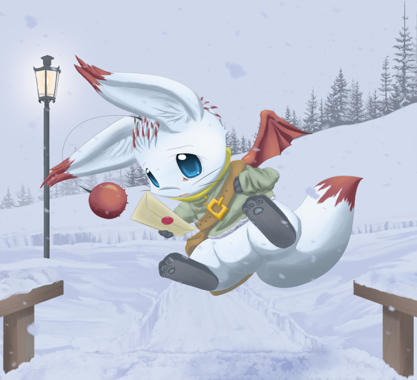 2006 blue_eyes detailed_background final_fantasy fur lando letter mail male moogle pawpads paws pom_antenna snow solo square_enix street_lamp video_games white_fur winter