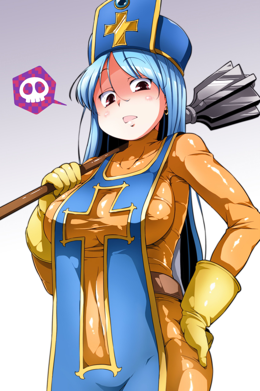 blue_hair blue_hat blush bodysuit breasts covered_collarbone covered_navel d: dragon_quest dragon_quest_iii earrings eyebrows_visible_through_hair gloves gradient gradient_background hair_between_eyes hand_on_hip hat highres holding jewelry large_breasts long_hair looking_at_viewer mace open_mouth orange_bodysuit over_shoulder priest_(dq3) raised_eyebrows red_eyes skin_tight skull solo speed_lines spoken_skull straight_hair sugiura tabard turtleneck weapon yellow_gloves
