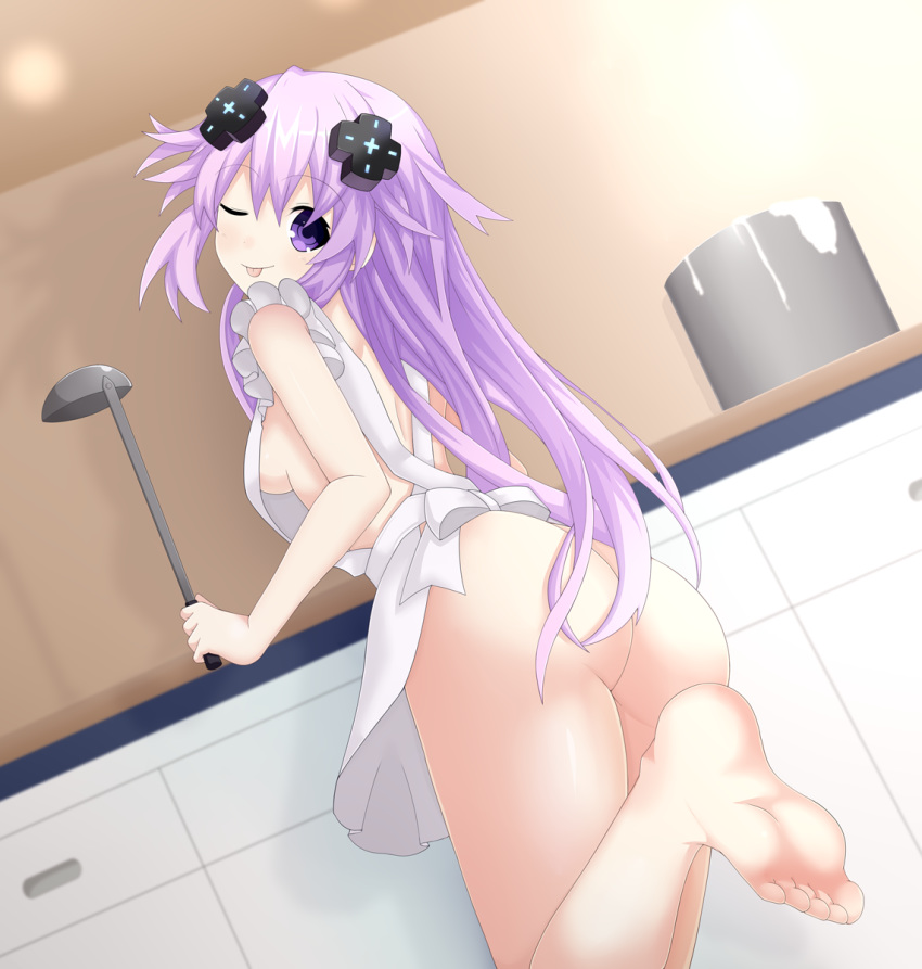 ;p adult_neptune apron ass backboob barefoot breasts commentary commission cowboy_shot d-pad d-pad_hair_ornament english_commentary feet feet_up from_behind hair_between_eyes hair_ornament highres holding holding_ladle indoors kitchen ladle long_hair looking_at_viewer looking_back medium_breasts naked_apron neptune_(series) no_bra no_panties one_eye_closed purple_eyes purple_hair santystuff shin_jigen_game_neptune_vii soles solo thighs toes tongue tongue_out very_long_hair white_apron