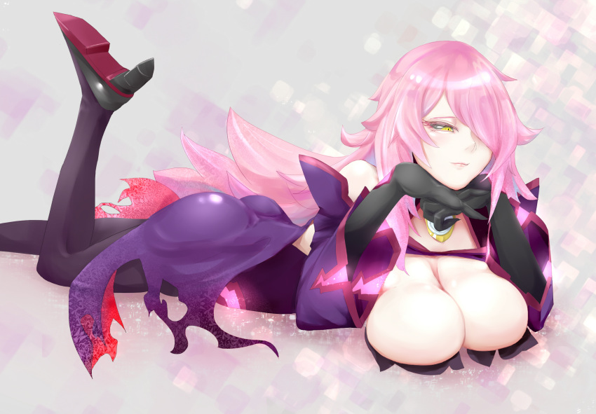 1girl artist_request ass bare_shoulders black_sclera blazblue breast_press breasts cape cleavage detached_sleeves dress gloves hair_over_one_eye high_heels huge_breasts konoe_a_mercury long_hair lying on_stomach phantom_(blazblue) pink_hair shiny shiny_clothes shiny_hair shiny_skin shoes short_dress slit_pupils smile solo thighhighs very_long_hair yellow_eyes