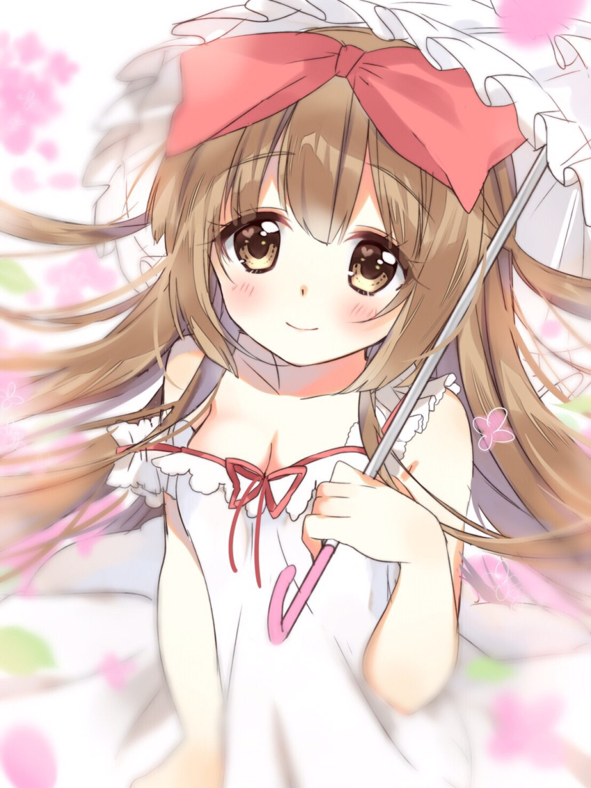 ame_usari bad_id bad_pixiv_id bangs bare_arms bare_shoulders blurry blurry_foreground blush bow breasts brown_eyes brown_hair cleavage closed_mouth collarbone commentary depth_of_field dress eyebrows_visible_through_hair frilled_umbrella frills hair_between_eyes hair_bow hand_up highres holding holding_umbrella idolmaster idolmaster_cinderella_girls idolmaster_cinderella_girls_starlight_stage long_hair parasol petals red_bow red_ribbon ribbon sleeveless sleeveless_dress small_breasts smile solo strap_slip umbrella very_long_hair white_dress white_umbrella yorita_yoshino