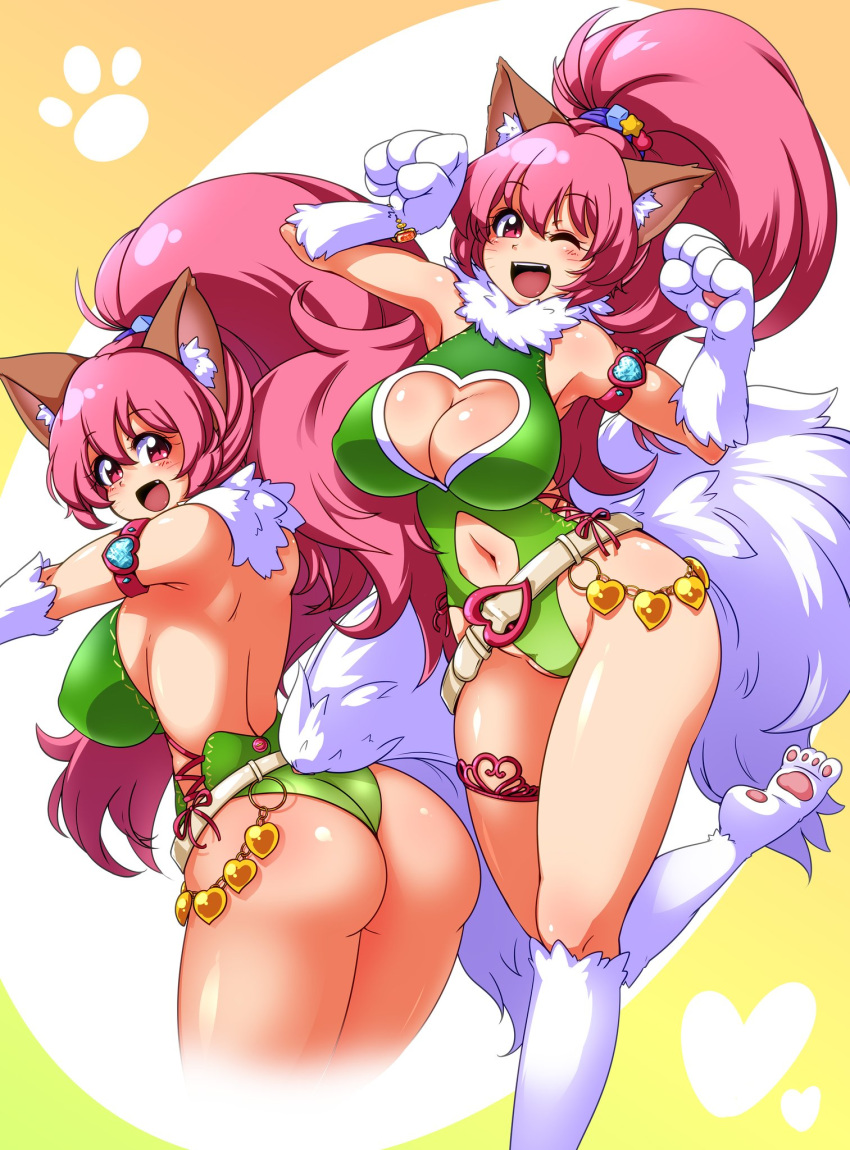 1girl animal_ears ass bare_legs bare_shoulders blush breasts cat_ears cat_girl cleavage cleavage_cutout curvy fangs female full_body happy heart_cutout highleg highleg_leotard huge_ass jumping large_breasts leotard long_hair looking_at_viewer looking_back multiple_views open_mouth paw_print perisie_(star_ocean) pink_hair ponytail ryoi shiny shiny_skin simple_background smile star_ocean star_ocean_first_departure tail thick_thighs thighhighs thighs thong_leotard very_long_hair wink