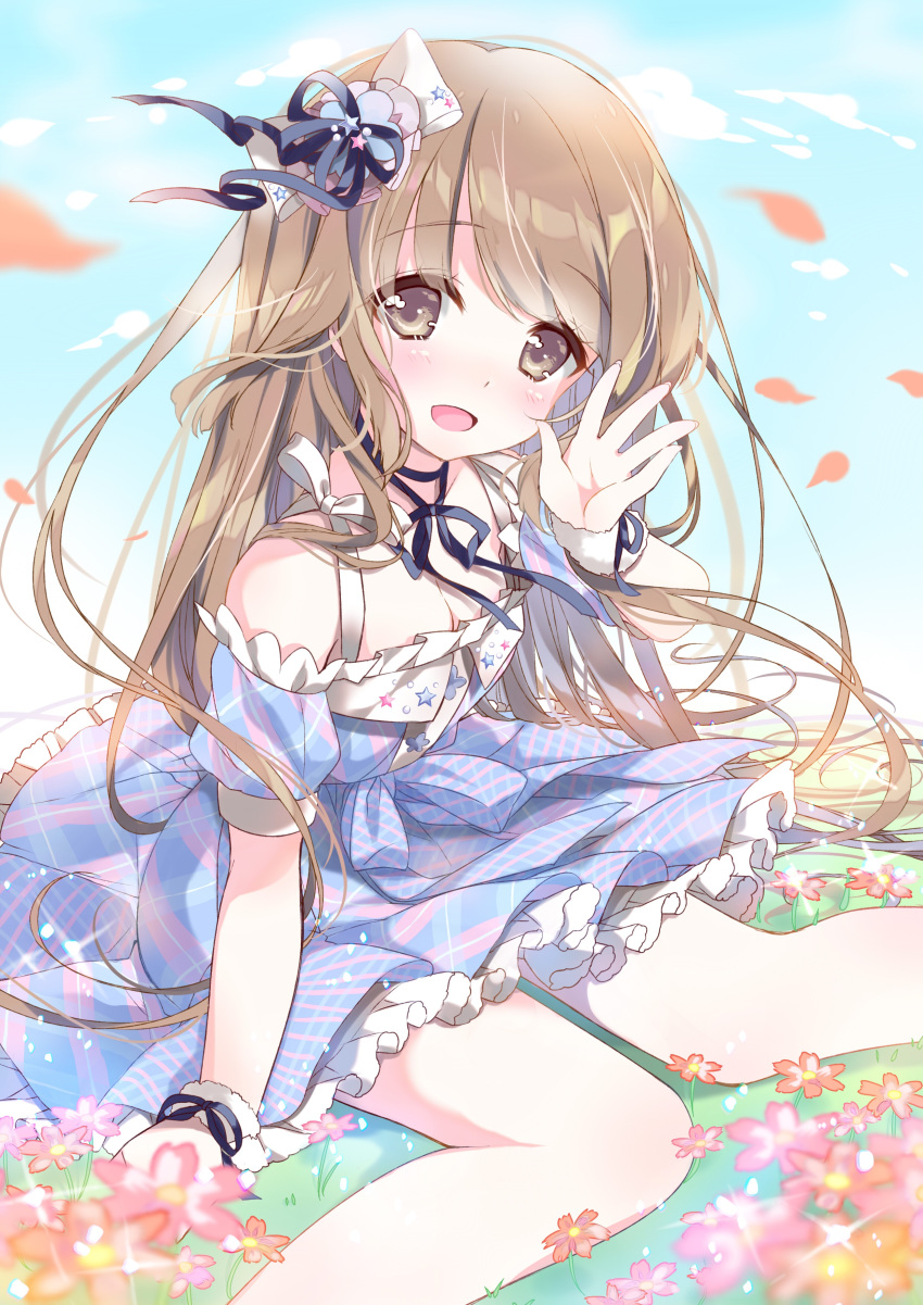 :d absurdres ame_usari bangs bare_shoulders blue_dress blue_sky blurry blurry_foreground blush breasts brown_eyes cleavage cloud commentary_request day depth_of_field dress eyebrows_visible_through_hair flower grass hand_up head_tilt highres idolmaster idolmaster_cinderella_girls light_brown_hair long_hair looking_at_viewer off-shoulder_dress off_shoulder on_grass open_mouth outdoors petals pink_flower plaid plaid_dress puffy_short_sleeves puffy_sleeves red_flower short_sleeves sitting sky small_breasts smile solo very_long_hair wariza yorita_yoshino