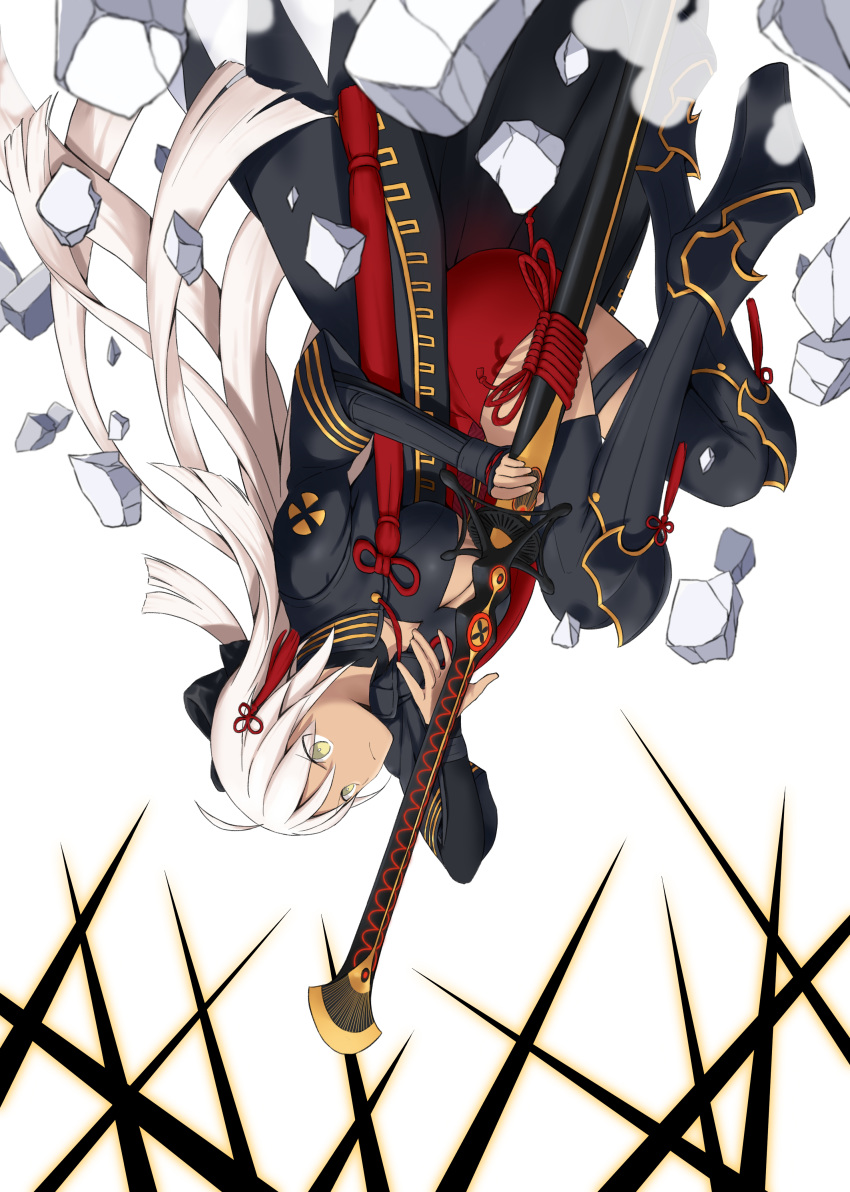 absurdres ahoge arm_guards black_bow black_coat black_legwear bow breasts cleavage cleavage_cutout dark_skin debris eyebrows_visible_through_hair fate/grand_order fate_(series) full_body hair_between_eyes hair_bow high_collar highres holding holding_sword holding_weapon katana laika_(sputnik2nd) large_breasts long_hair okita_souji_(alter)_(fate) okita_souji_(fate)_(all) platform_footwear red_scarf rock scarf sheath sheathed simple_background solo sword tassel thigh_strap thighhighs tied_hair upside-down weapon white_background white_hair yellow_eyes