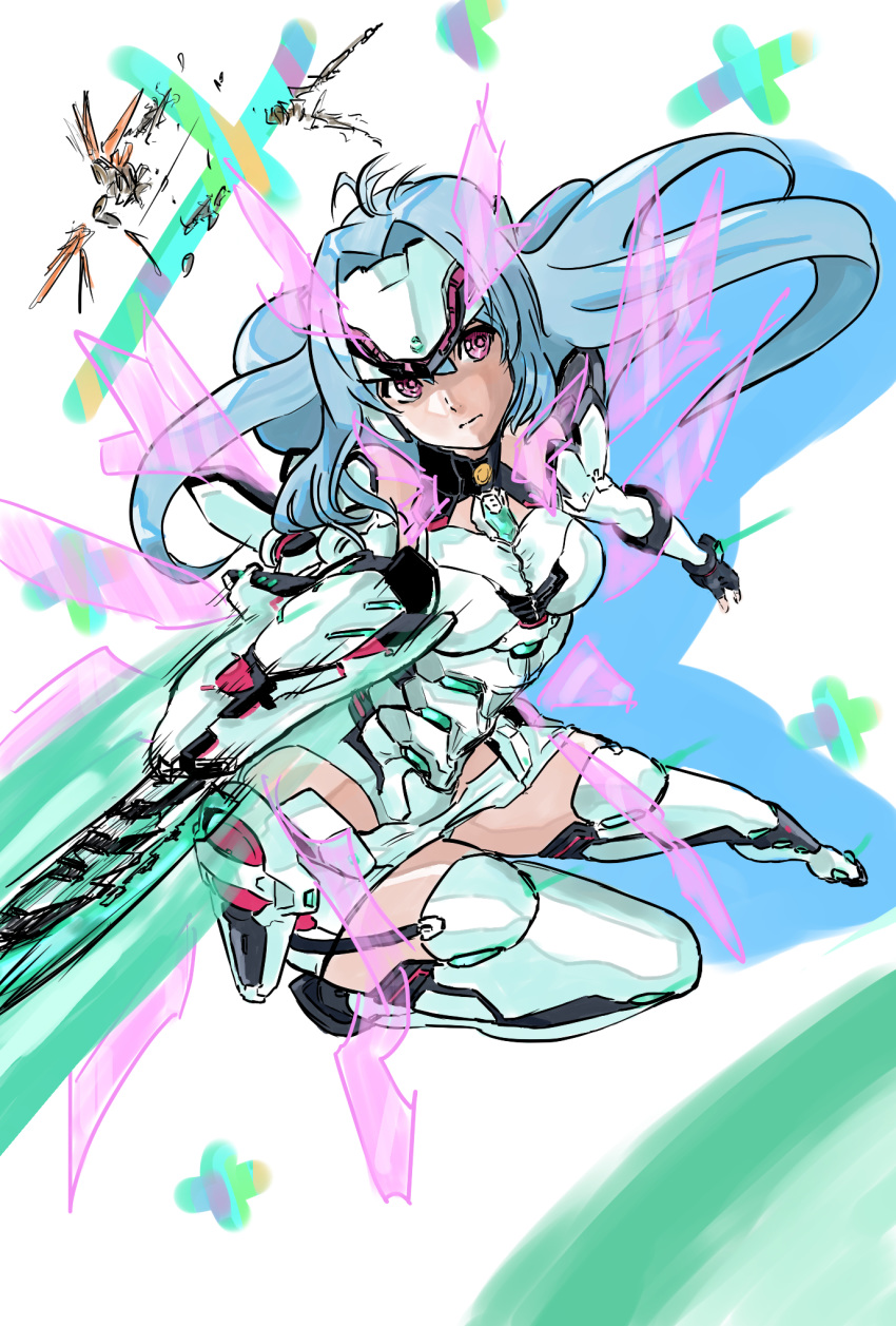 android bad_id bad_pixiv_id bare_shoulders blue_hair breasts commentary_request cyborg elbow_gloves expressionless forehead_protector full_body gloves highres kos-mos kos-mos_re: leotard long_hair nib_pen_(medium) pink_eyes rooru_kyaabetsu solo thighhighs traditional_media weapon white_leotard xenoblade_(series) xenoblade_2 xenosaga