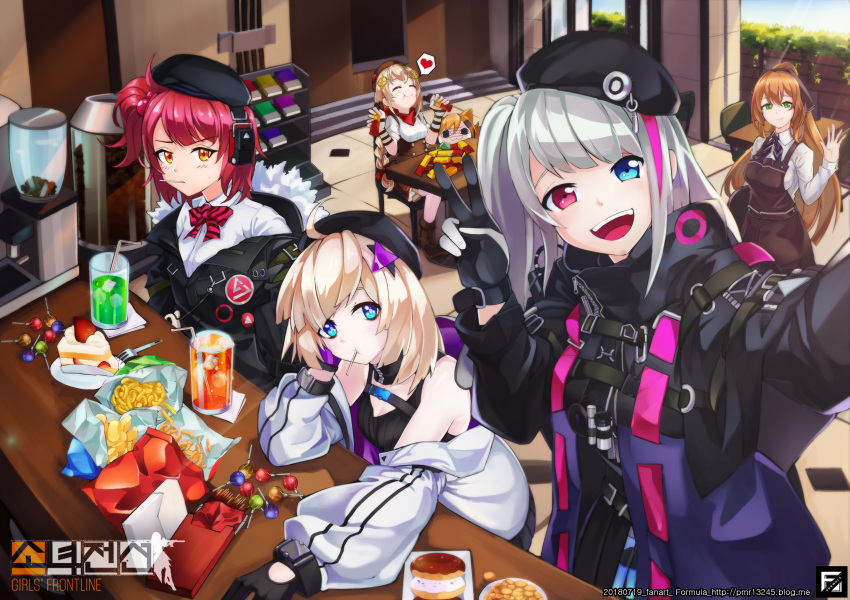 aa-12_(girls_frontline) absurdres beret blonde_hair blue_eyes brown_hair cake candy chibi chips commentary_request fn_fnc_(girls_frontline) food girls_frontline gloves green_eyes hat heart heterochromia highres idw_(girls_frontline) looking_at_viewer m1903_springfield_(girls_frontline) mdr_(girls_frontline) mp7_(girls_frontline) multicolored_hair multiple_girls orange_eyes pomu_(formula) red_eyes red_hair self_shot side_ponytail silver_hair smile spoken_heart streaked_hair v