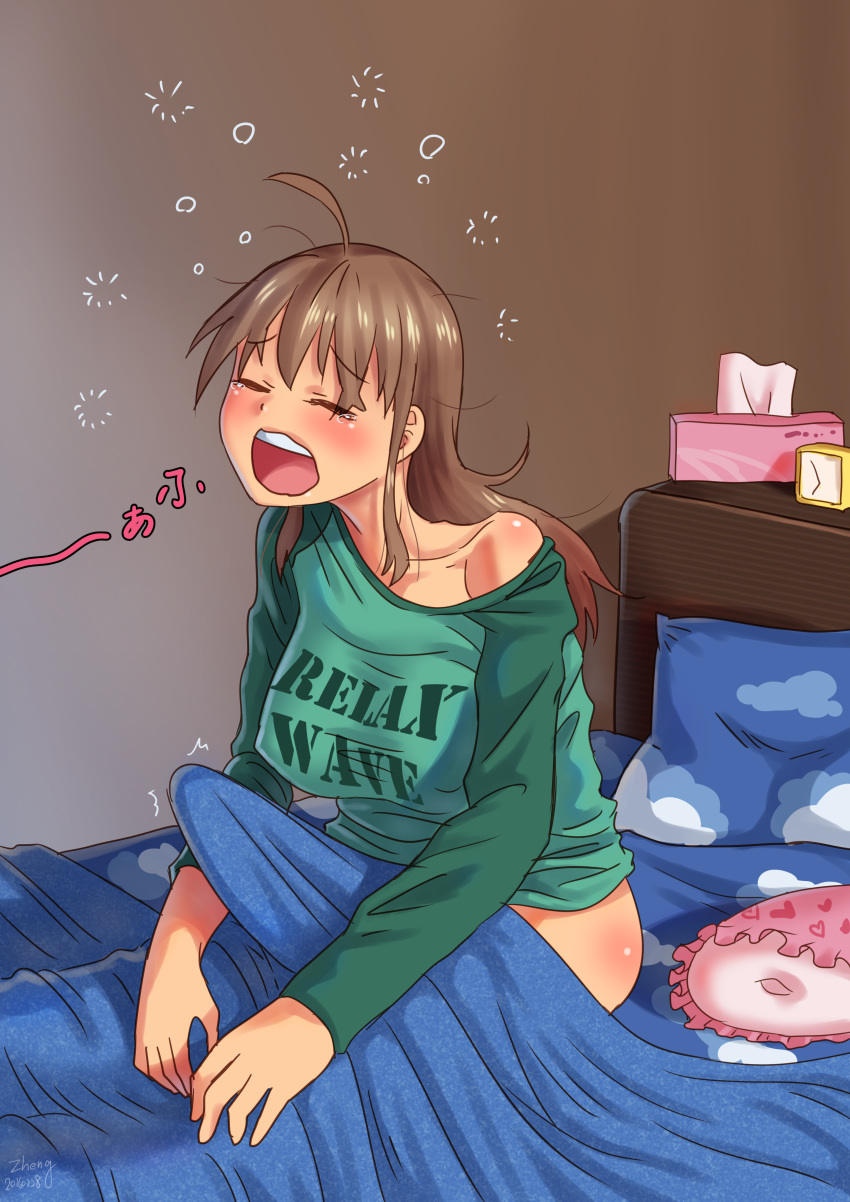 absurdres ahoge bed blanket blush breasts brown_hair closed_eyes clothes_writing commentary covered_penis dated erection erection_under_blanket futanari highres kamiya_midori large_breasts long_hair morning_wood on_bed open_mouth original pillow sitting sleepy solo yawning zheng