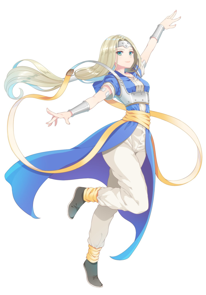 arm_up armlet black_footwear blonde_hair blue_eyes bracer breasts circlet closed_mouth dragon_quest dragon_quest_vi fingernails fujimura_hinami full_body hair_intakes highres leg_up long_hair looking_at_viewer low-tied_long_hair mireyu sash shoes short_sleeves simple_background small_breasts smile solo standing standing_on_one_leg straight_hair very_long_hair white_background