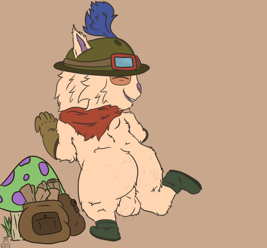 2018 anthro austrum backsack balls boots butt clothing digital_media_(artwork) footwear fur hat league_of_legends looking_at_viewer looking_back male mammal nude open_mouth riot_games simple_background smile solo sweat teemo_(lol) video_games yordle