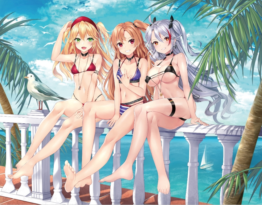 admiral_hipper_(azur_lane) ahoge antenna_hair armpit_crease ass azur_lane bangs bare_shoulders barefoot bikini bird black_bikini black_ribbon blonde_hair blue_sky blush boat breasts brown_eyes character_name choker cleavage cleveland_(azur_lane) clothes_writing cloud collarbone commentary_request cross cross_earrings crossed_legs day earrings eyebrows_visible_through_hair flag_print german_flag_bikini green_eyes hair_between_eyes hair_ornament hair_ribbon hand_on_headwear hand_on_own_chest hat headgear highleg highleg_bikini iron_cross jewelry komazuki_(komaworks240) large_breasts long_hair looking_at_viewer mole multicolored_hair multiple_girls navel ocean on_railing one_side_up open_mouth outdoors palm_tree parted_bangs parted_lips prinz_eugen_(azur_lane) red_eyes red_hair ribbon seagull shiny shiny_skin sidelocks silver_hair sitting skindentation sky small_breasts smile stomach streaked_hair swept_bangs swimsuit thigh_strap thighs tree two_side_up very_long_hair watercraft whistle yacht