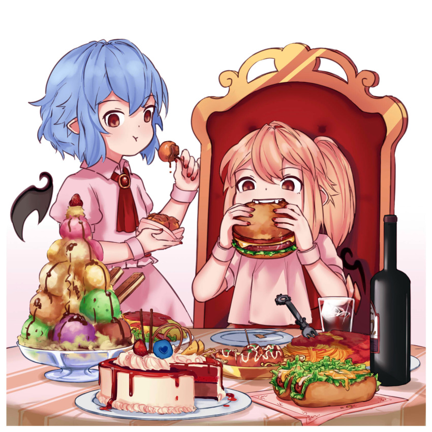 :t ascot bat_wings blonde_hair blue_hair blush bottle bowl cake chair chocolate_syrup commentary crystal cup detached_wings dress drinking_glass eating english_commentary eyebrows_visible_through_hair fangs flandre_scarlet food fork fruit glass_bowl gradient gradient_background hair_between_eyes hamburger hand_up highres holding holding_bowl holding_food hot_dog ice ice_cream ice_cube looking_at_viewer meatball multiple_girls mustard nail_polish no_hat no_headwear omurice pasta pink_background pink_dress plate pocky pointy_ears puffy_short_sleeves puffy_sleeves red_eyes red_nails red_neckwear red_vest remilia_scarlet short_hair short_sleeves siblings side_ponytail sisters sitting spaghetti standing strawberry table takoyaki toothpick touhou vest wafer_stick white_background wine_bottle wing_collar wings wrist_cuffs yoruny