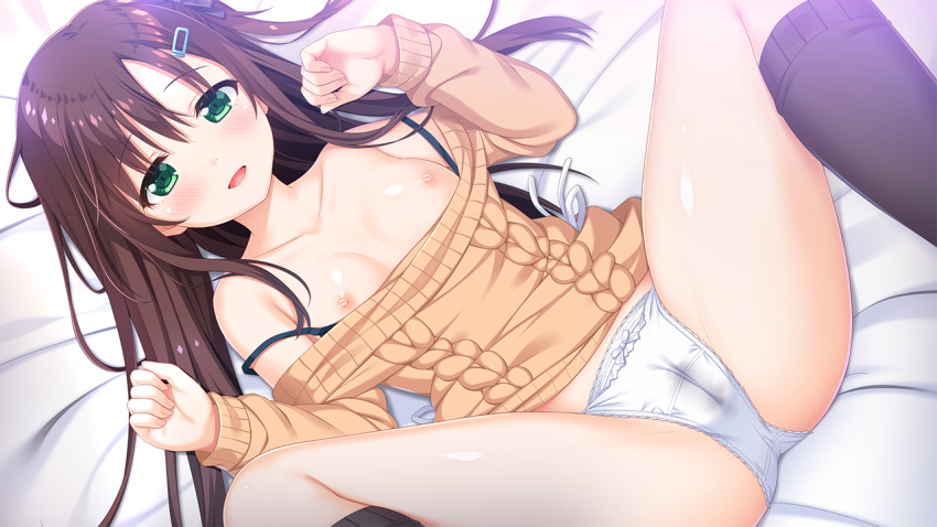 bed_sheet black_legwear blush bow bow_panties breasts brown_hair cameltoe collarbone game_cg green_eyes hair_ornament hairclip k.y_ko kneehighs long_hair long_sleeves looking_at_viewer lying nipples no_pants off_shoulder official_art on_back onami_sora onii-chan_asa_made_zutto_gyu_tte_shite! open_mouth panties pussy_juice_stain small_breasts spread_legs sweater underwear w_arms white_panties