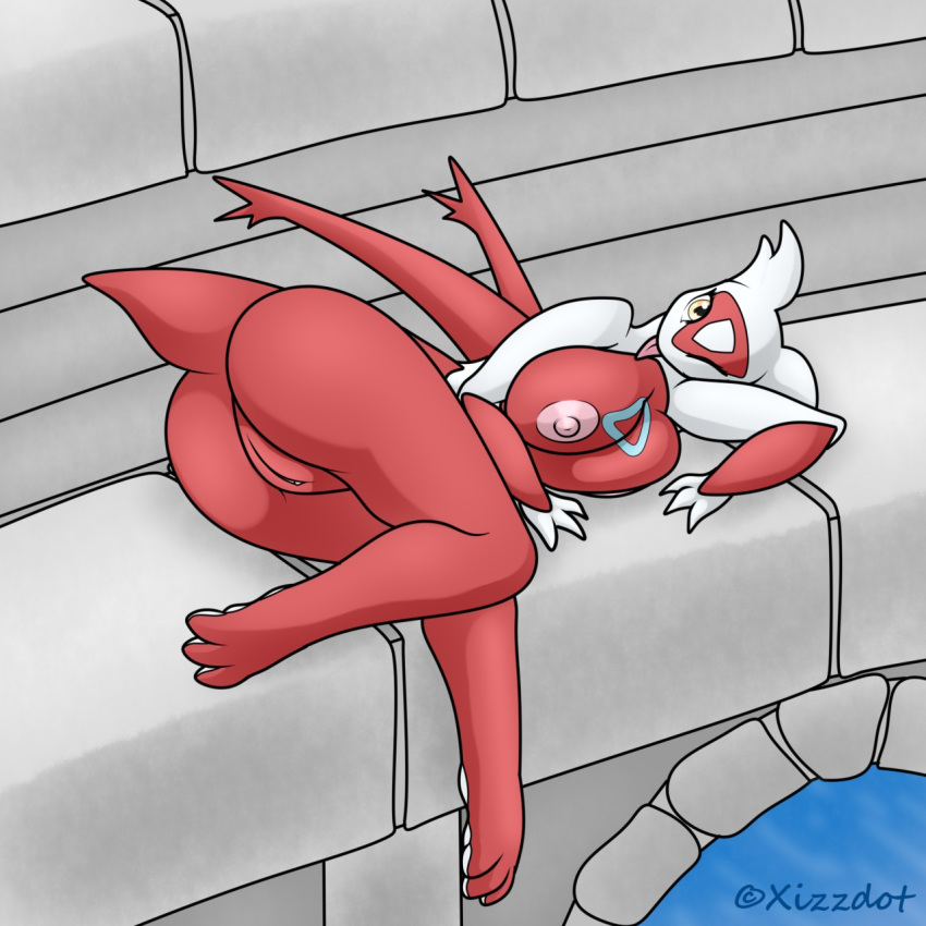 anthro big_breasts big_butt breast_rest breasts butt female huge_breasts latias legendary_pok&eacute;mon looking_at_viewer nintendo nipples nude one_eye_closed pok&eacute;mon pok&eacute;mon_(species) pussy solo thick_thighs tongue tongue_out video_games voluptuous wink xizzdot