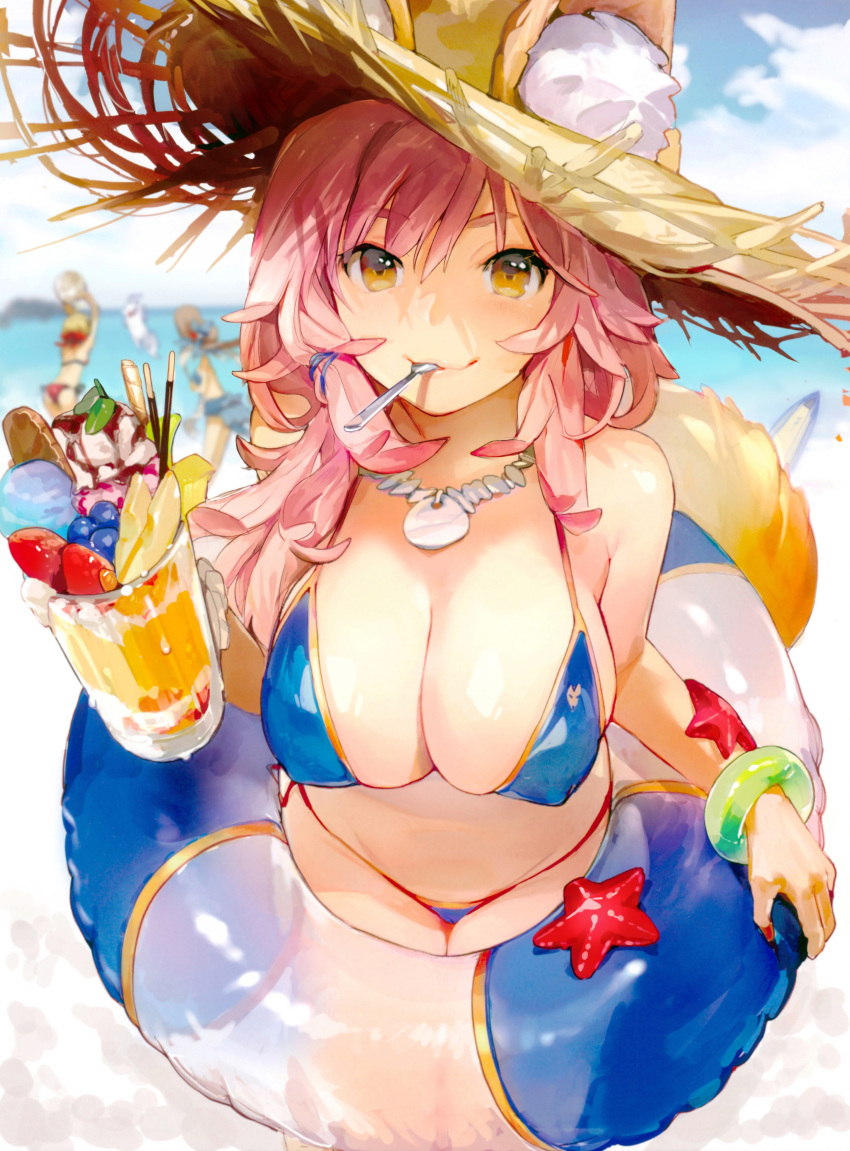 absurdres animal_ear_fluff animal_ears ball bikini blue_bikini blue_ribbon blurry blurry_background bracelet breasts cleavage cloud cloudy_sky covered_nipples cropped day drink ears_through_headwear fate/grand_order fate_(series) food fou_(fate/grand_order) fox_ears fox_tail fruit hair_ribbon hat highres holding innertube jewelry large_breasts leaning_forward long_hair looking_at_viewer mouth_hold multiple_girls necklace ocean outdoors pink_hair ribbon scan sky smile souji_hougu spoon spoon_in_mouth starfish straw_hat strawberry sun_hat swimsuit tail tamamo_(fate)_(all) tamamo_no_mae_(fate) tamamo_no_mae_(swimsuit_lancer)_(fate) yellow_eyes